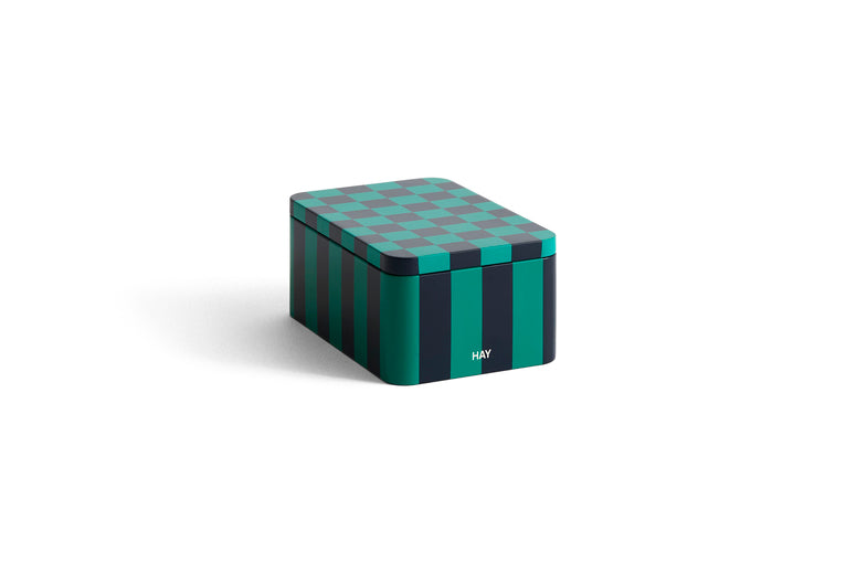 Tin container small green and dark blue