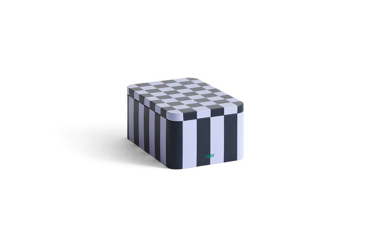 Tin container small lavender and dark blue