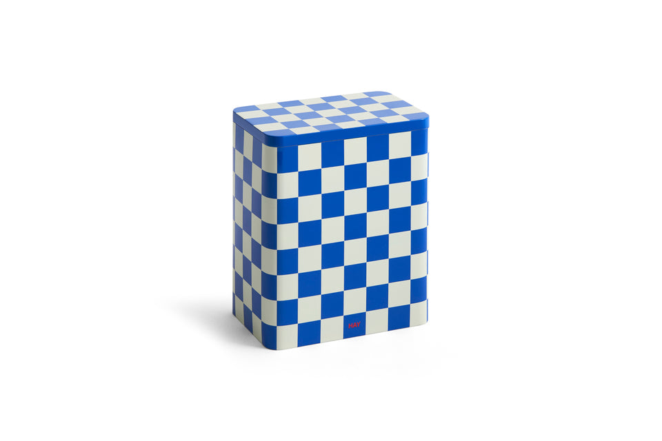 Tin container large off-white and blue