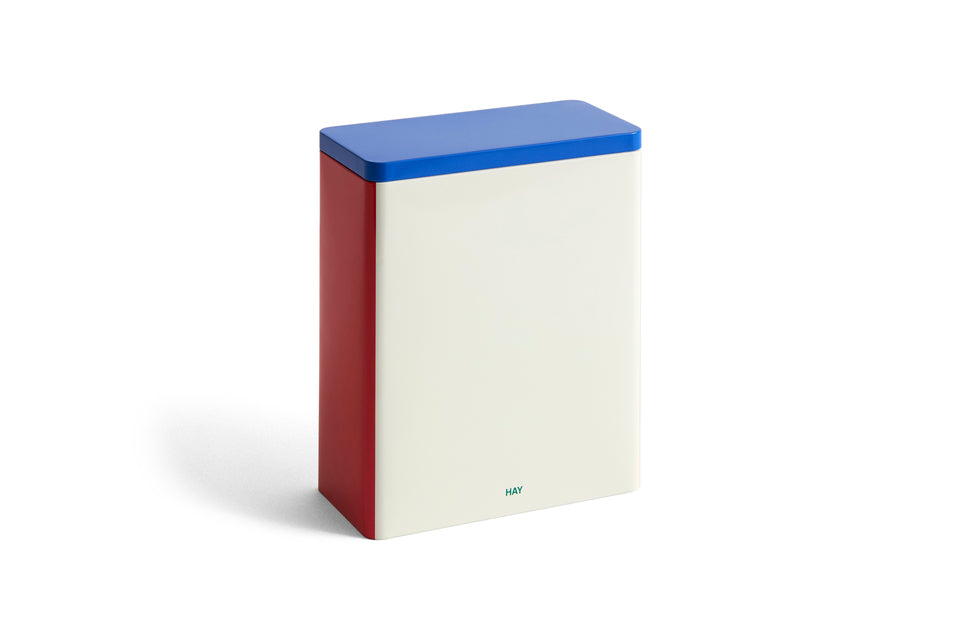 Tin container x large off-white, blue and red