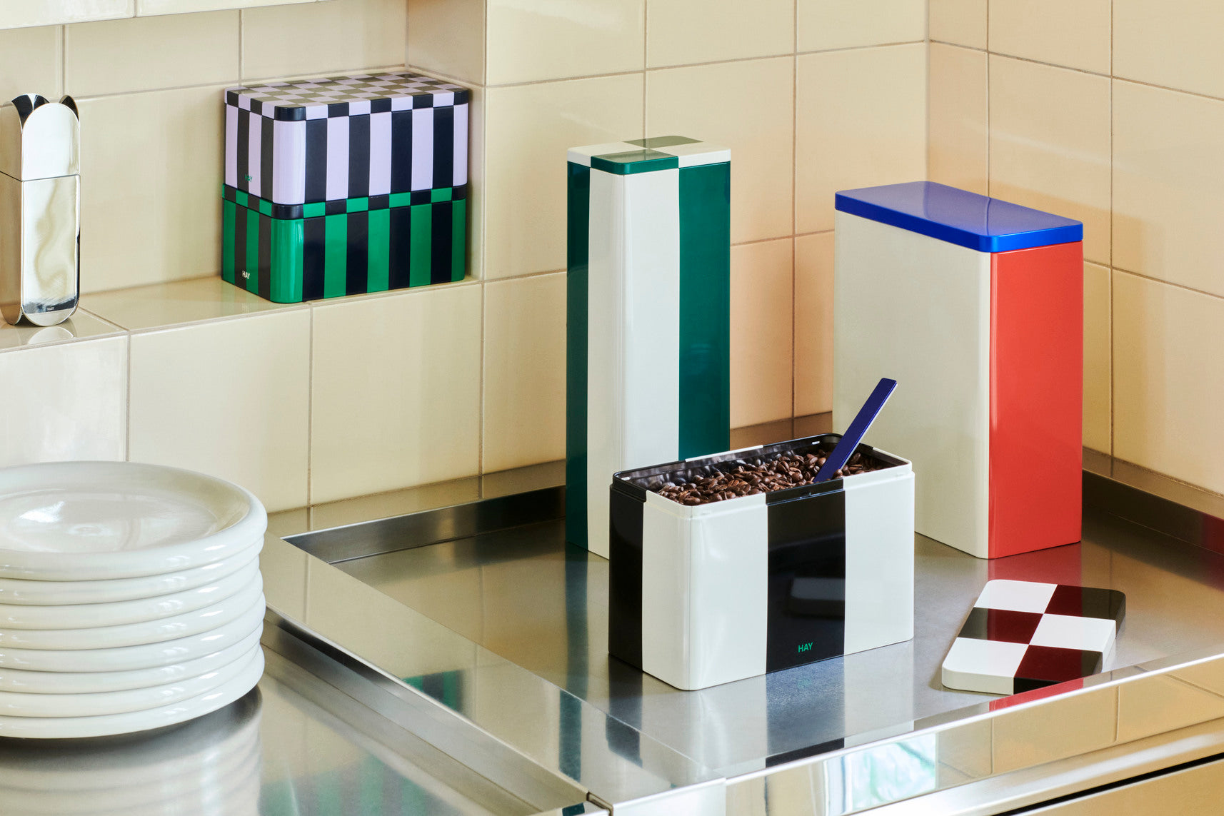Tin container large off-white and blue